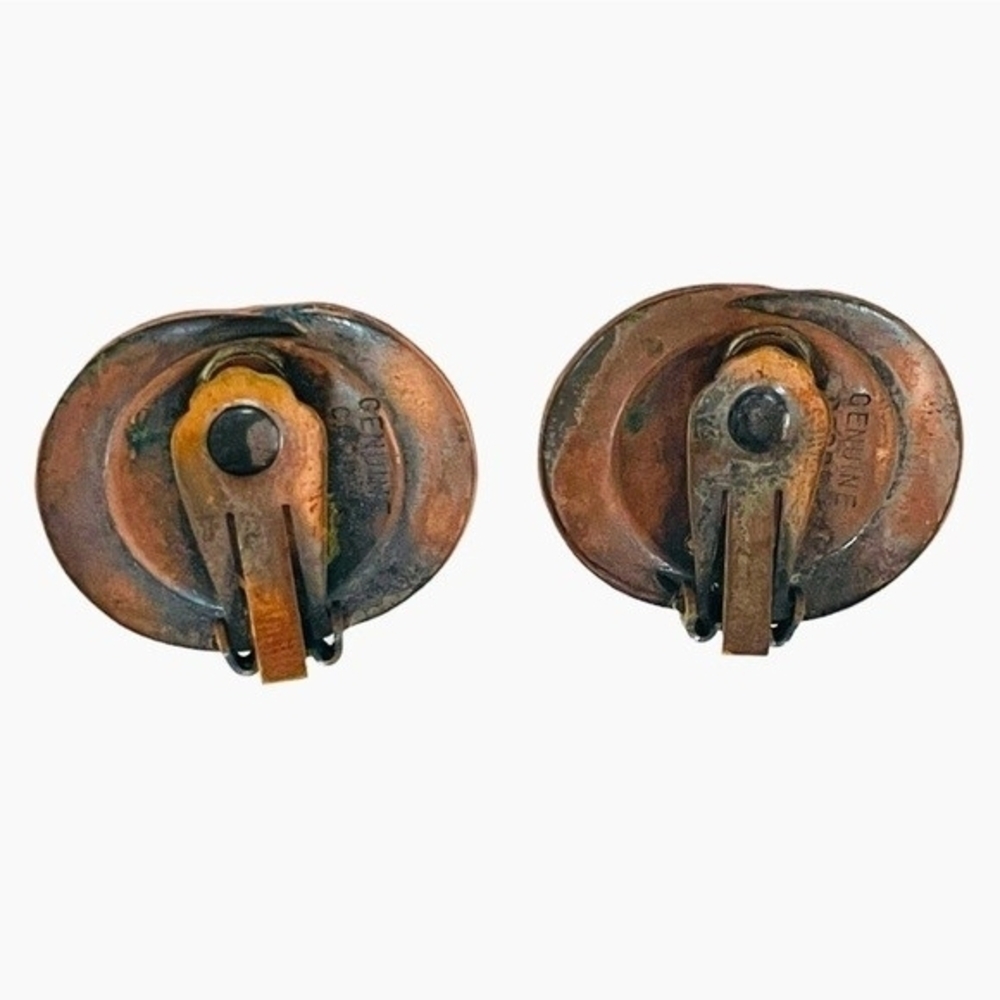 Antique Copper Blue Glass Button Clip On Earrings 1.25" Signed Genuine Copper - Picture 7 of 8
